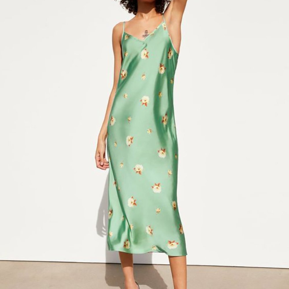 Zara Green Floral Satin Maxi Slip Dress
